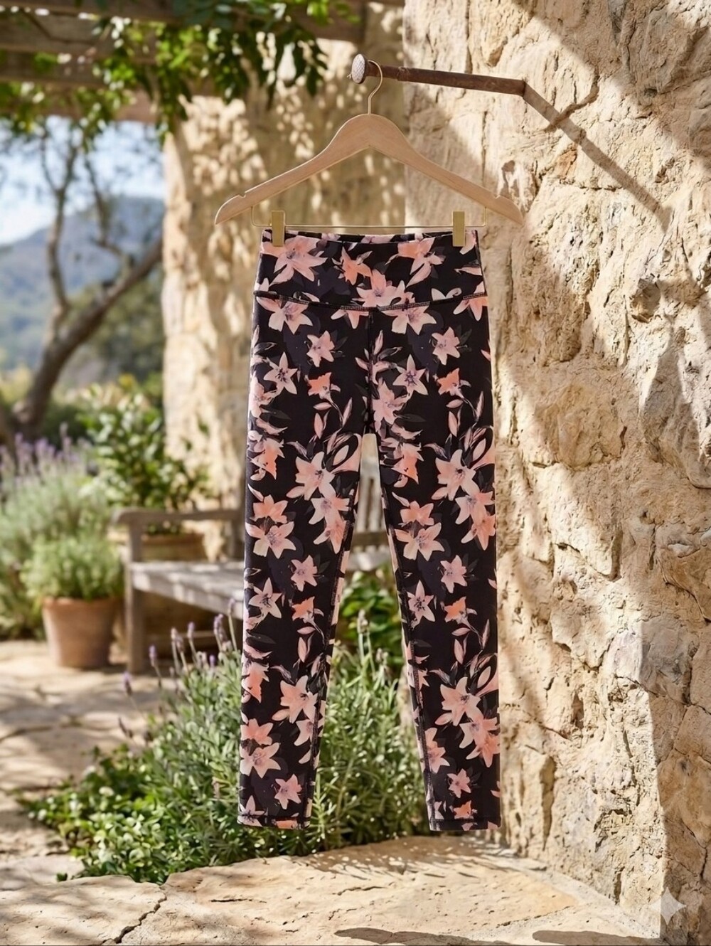 Victoria's Secret Black Leggings with Pink Floral Print